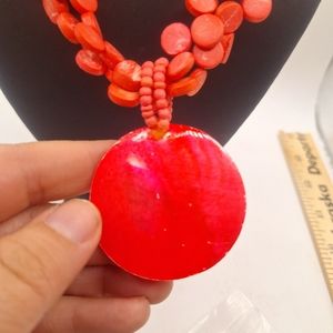 VJ painted red wooden beads with a painted red mother-of-pearl pendant necklace